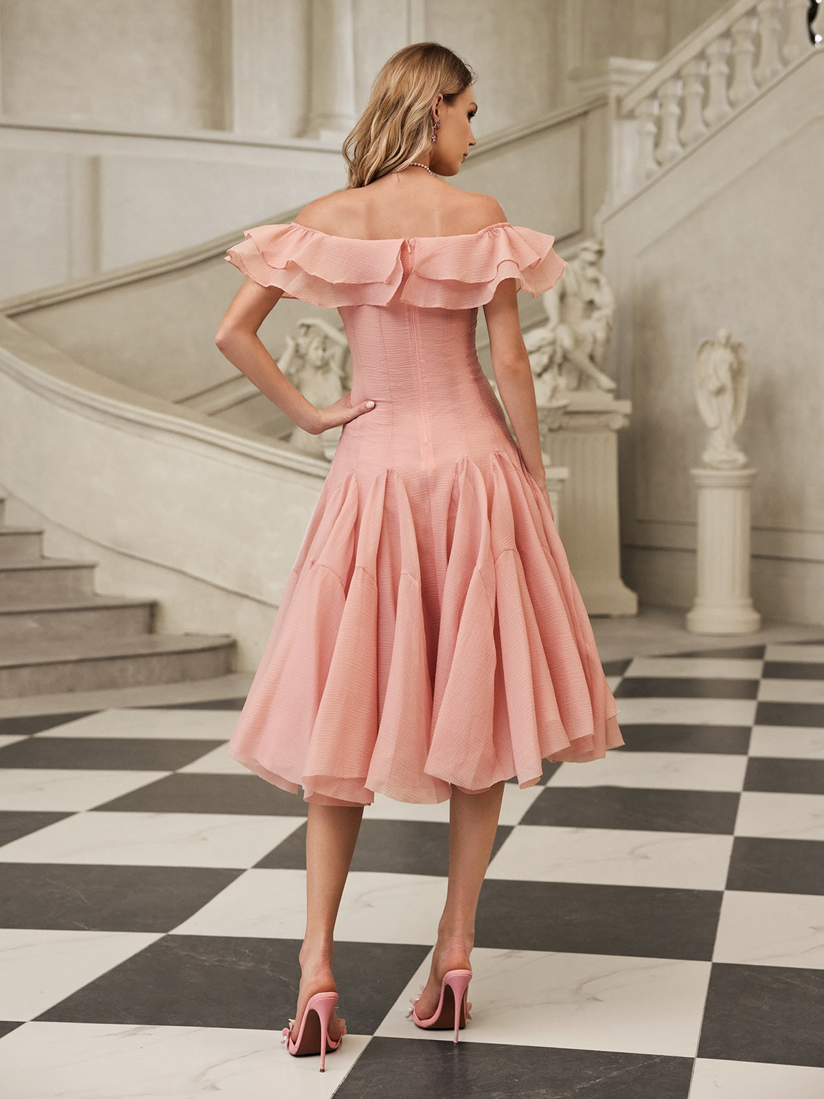 Gaelthar Off Shoulder Ruffle Midi Dress In Blush