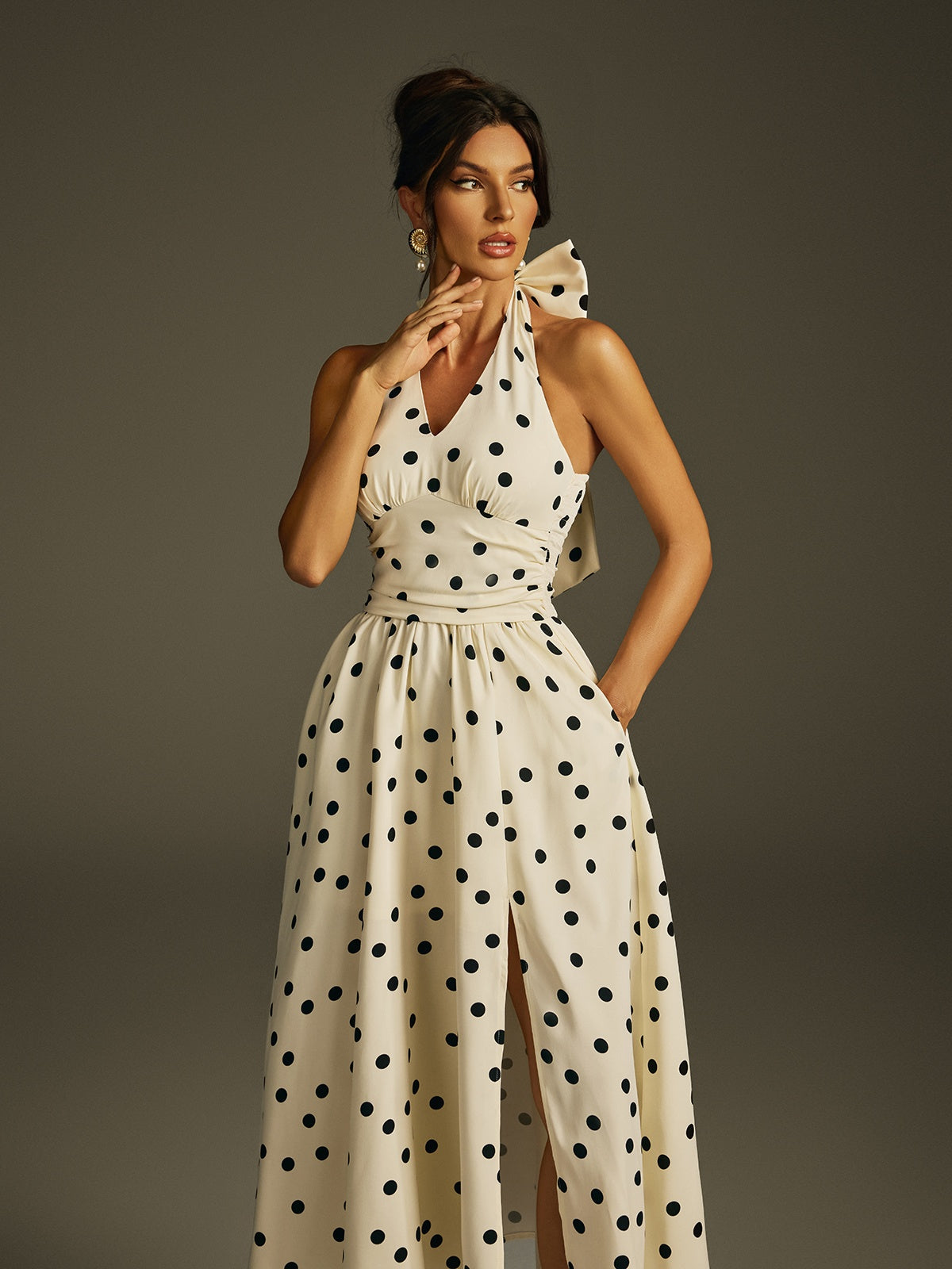 Ilyxra Halterneck Bow Split Dot Midi Dress
