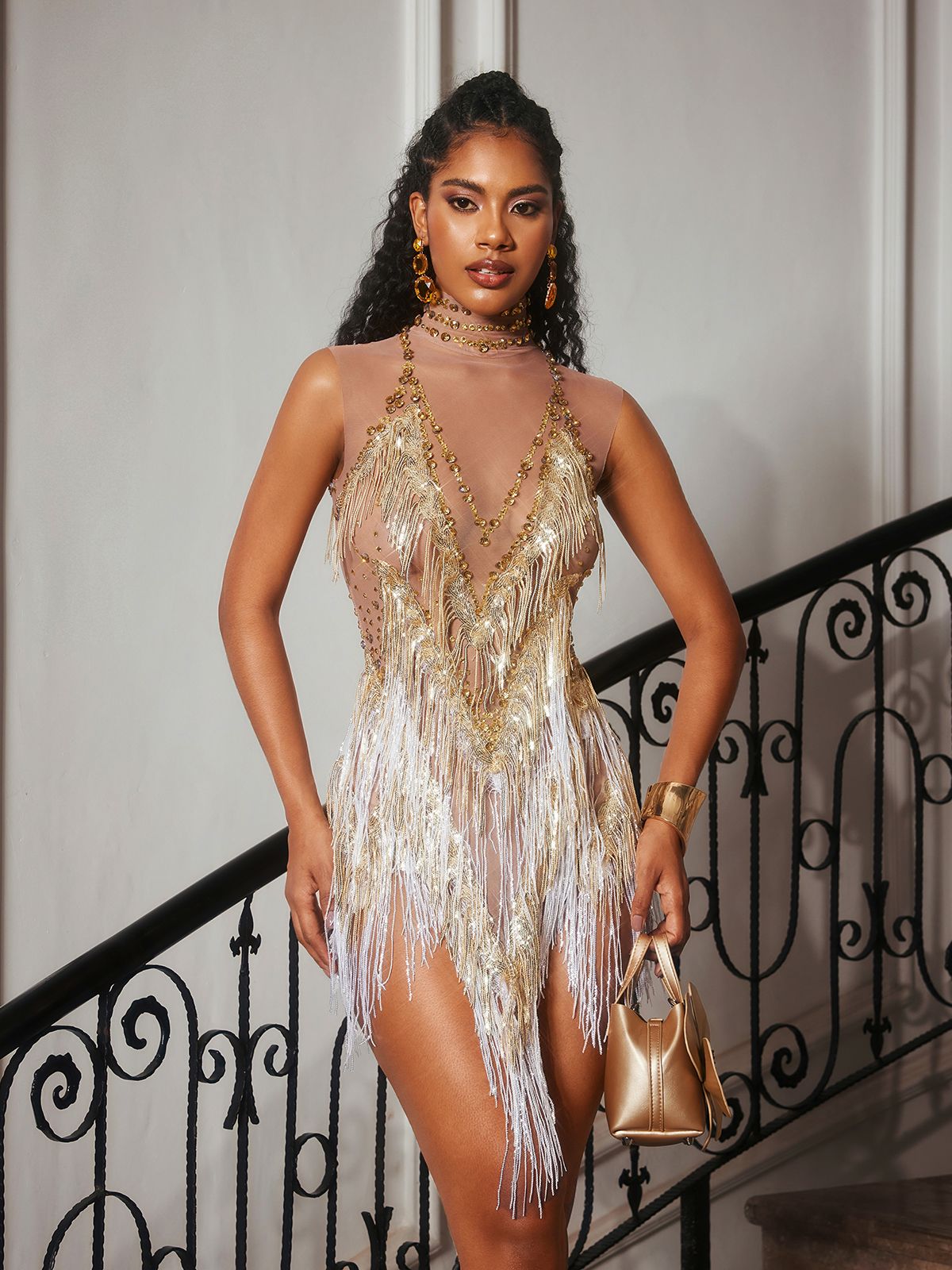 Buggan Rhinestone Fringe Mesh Mini Bodysuit In Gold
