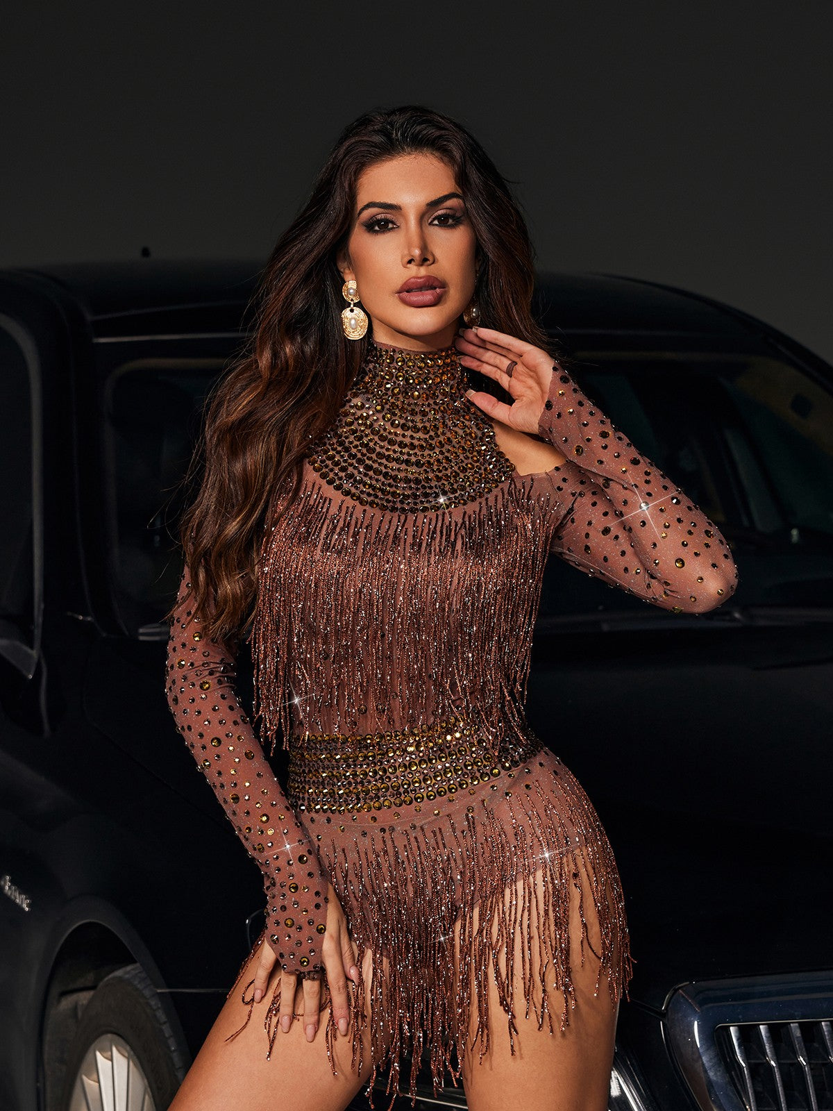 Safa Rhinestone Glitter Fringe Bodysuit