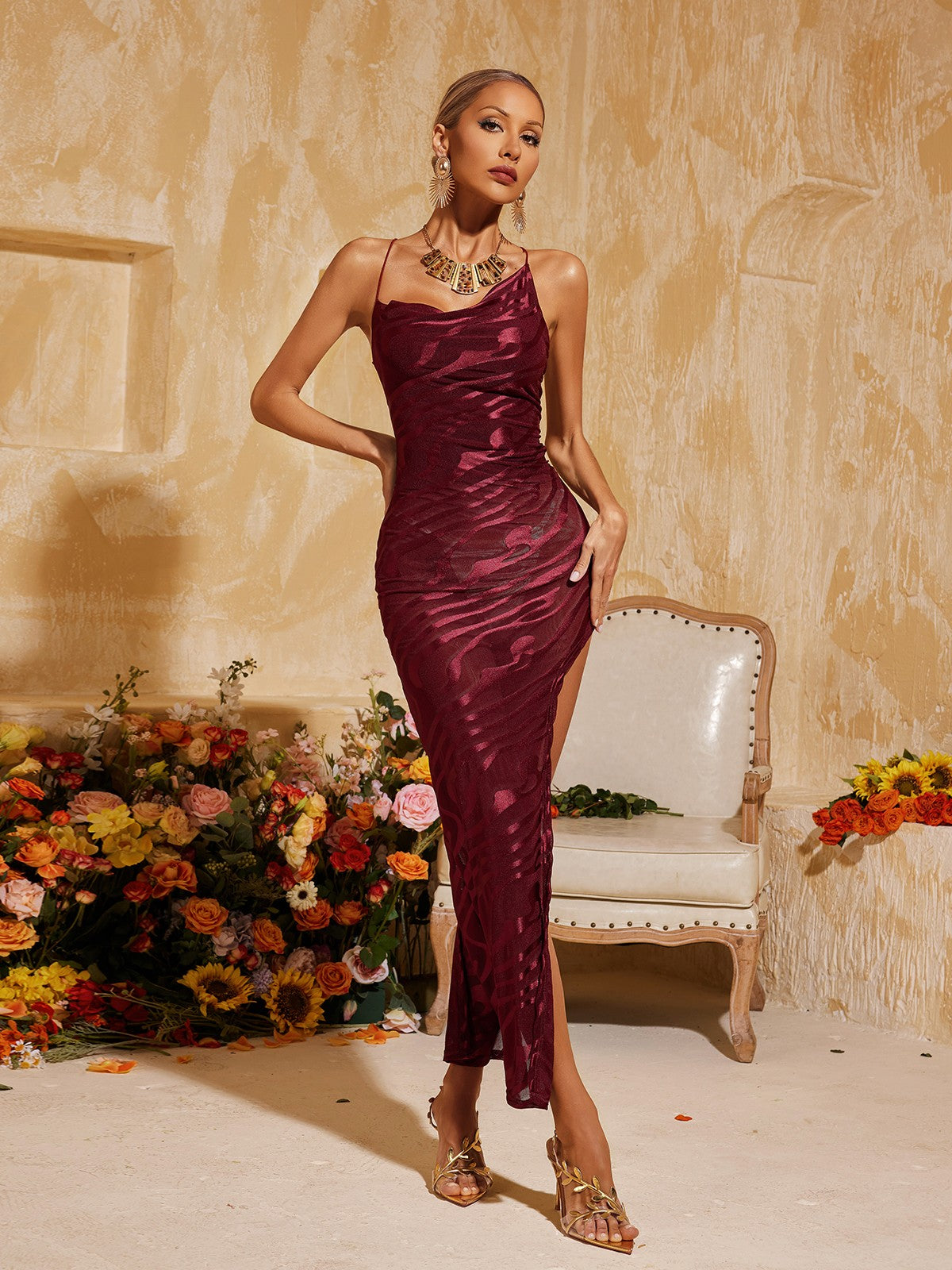 Aryvelle Backless Split Velvet Midi Dress