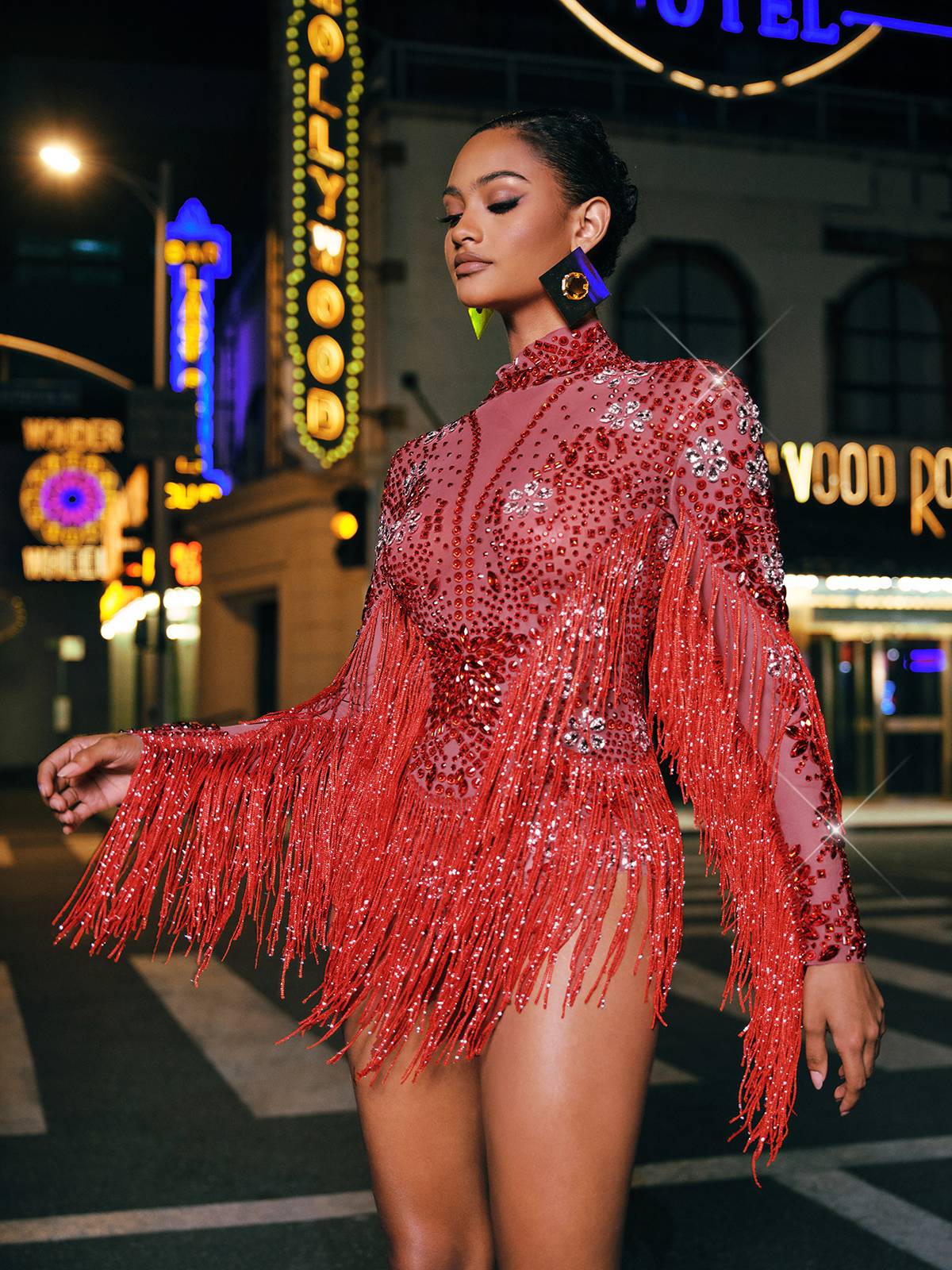 Macsen Rhinestone Fringe Bodysuit