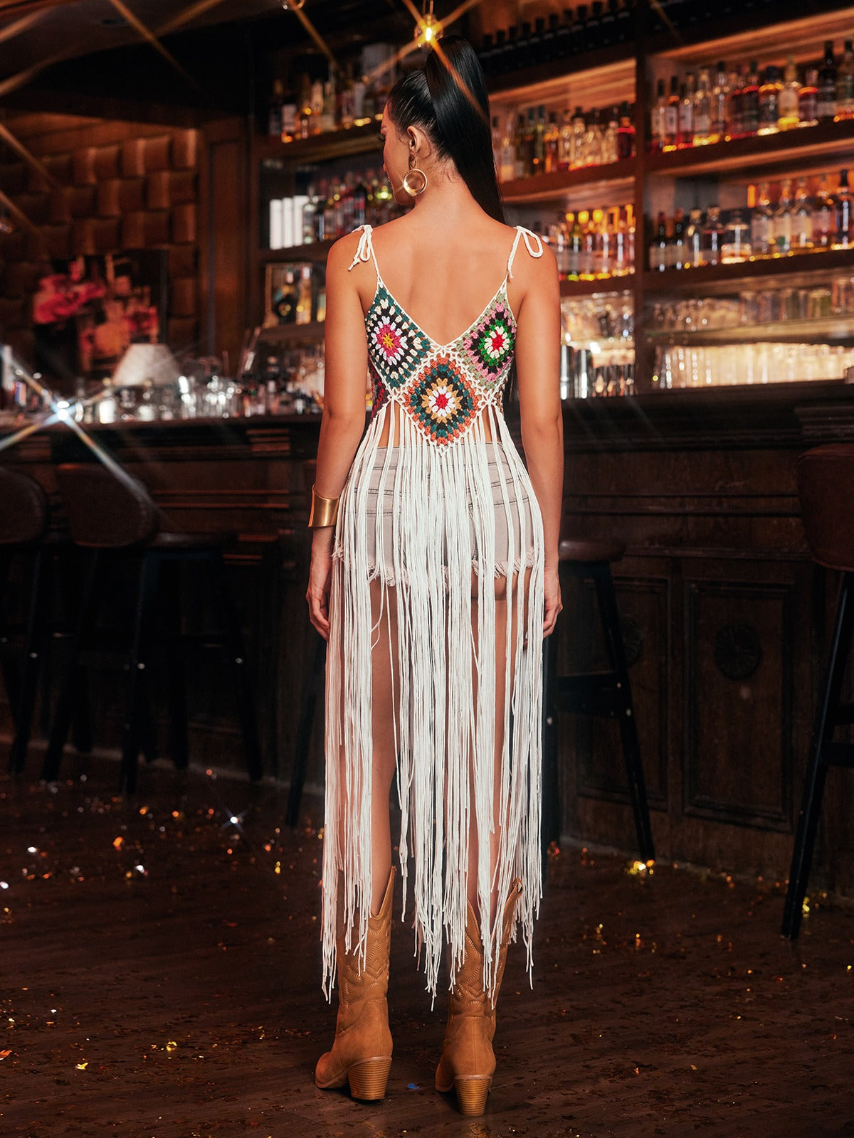 Jyxondra Spaghetti Fringe Knitted Cover Up Dress