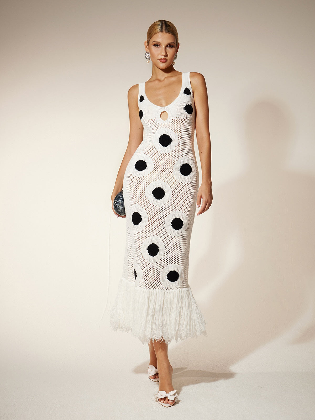 Gaelion Dot Fringe Knitted Midi Dress In White