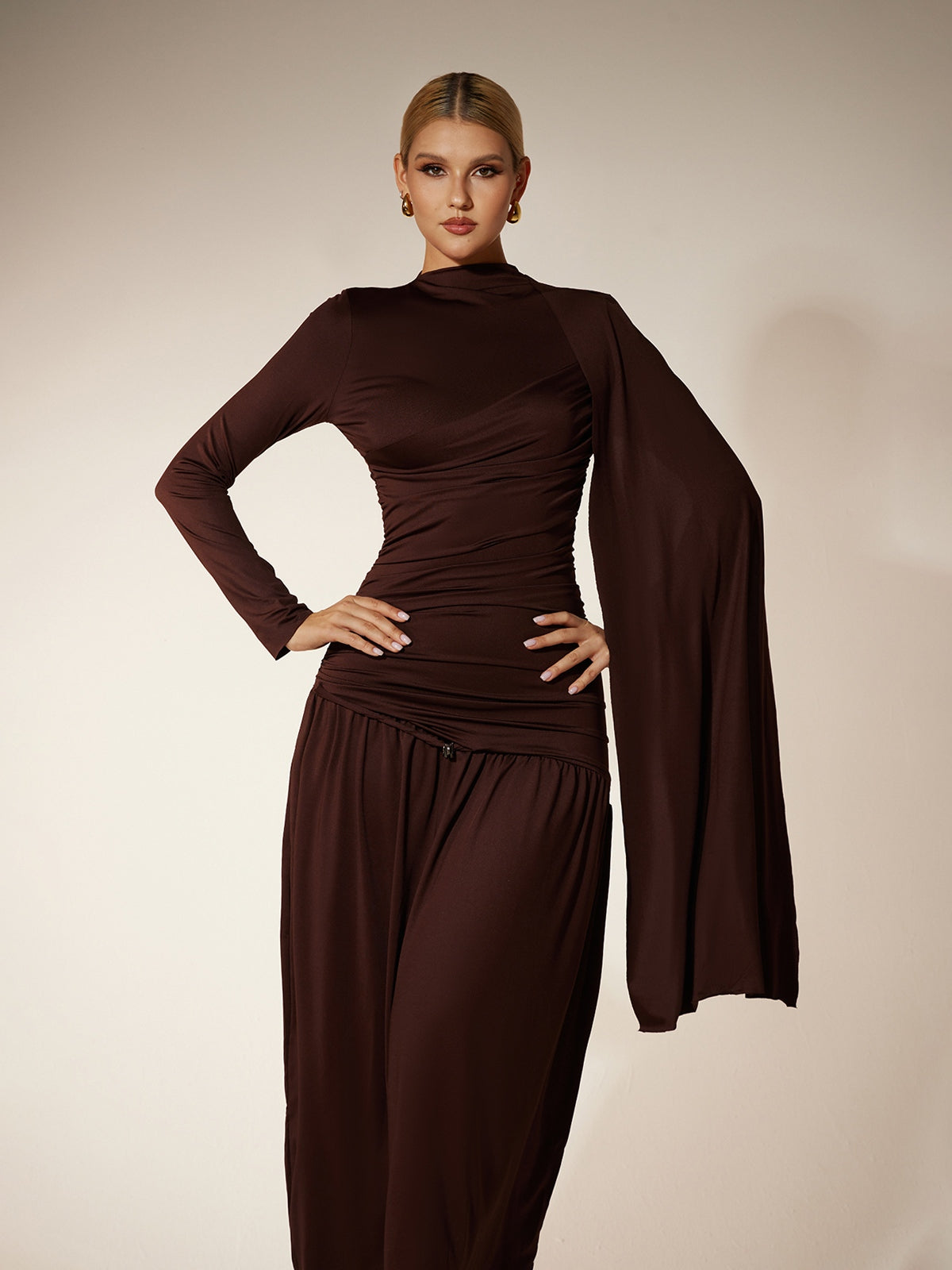 Eitan Long Sleeve Ruched Draped Midi Dress