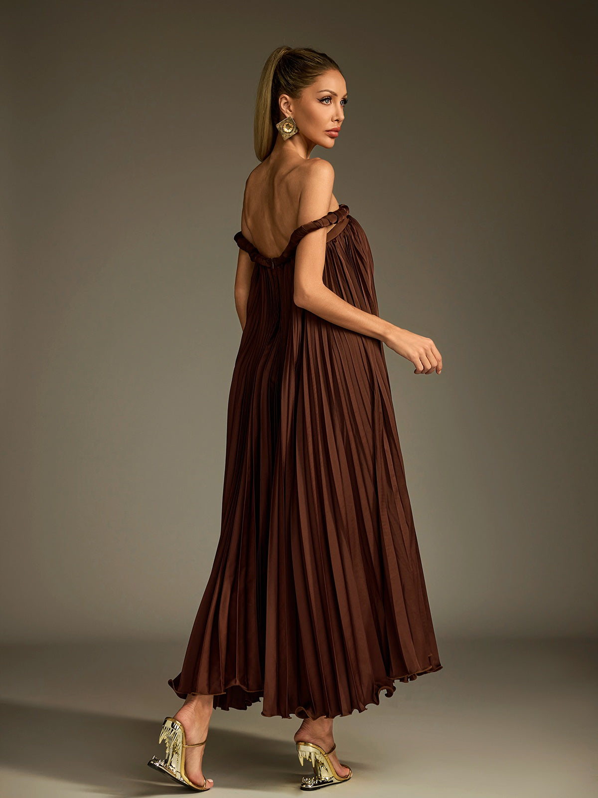 Lucetta Off Shoulder Pleated Midi Dress