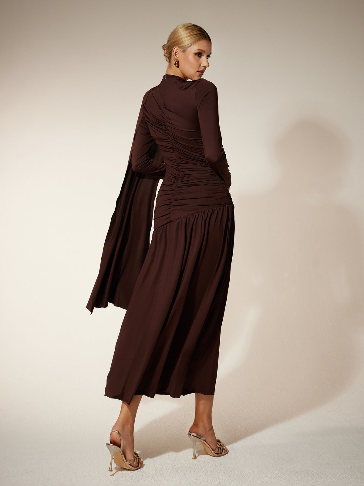 Eitan Long Sleeve Ruched Draped Midi Dress