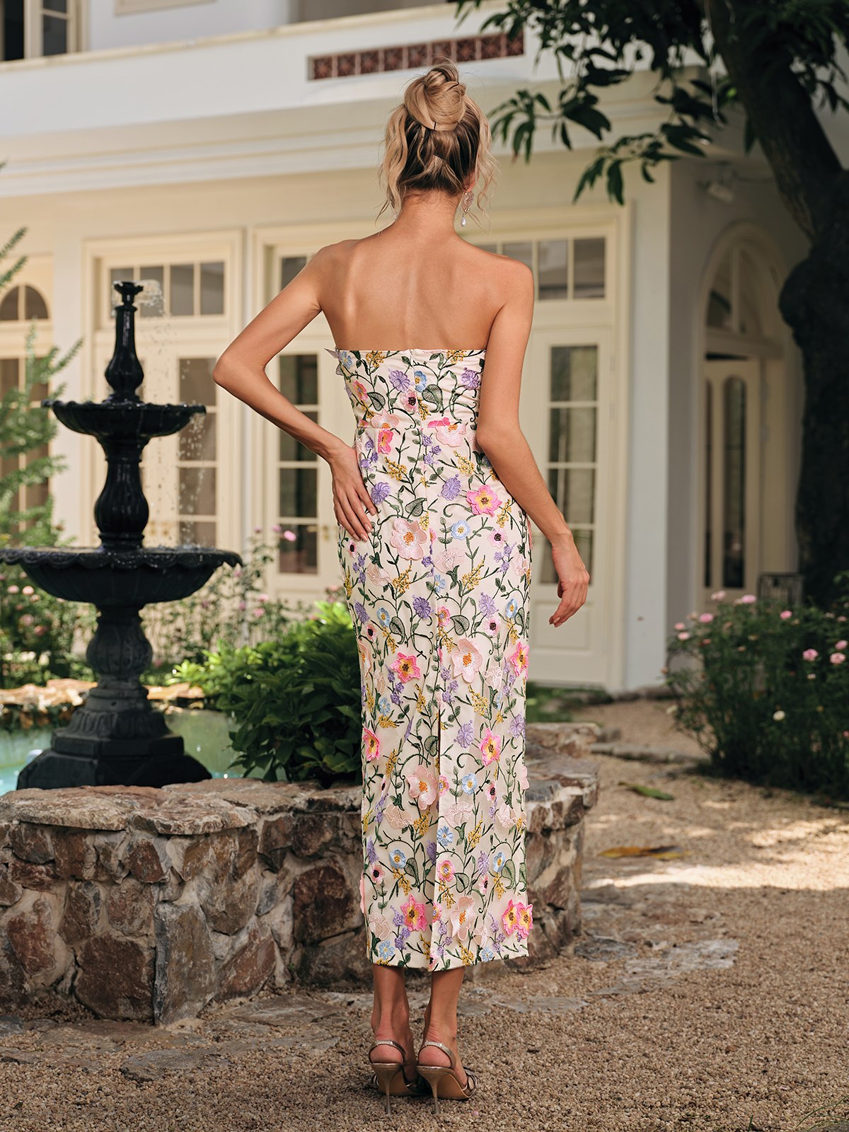 Daelyr Strapless Flower Embroidered Midi Dress