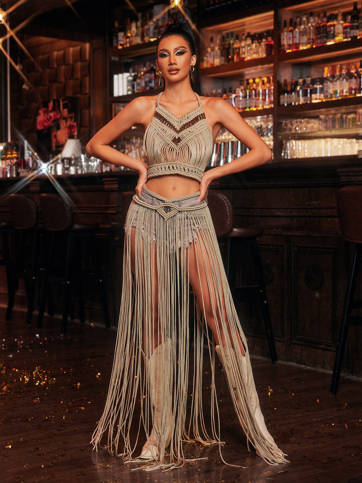 Nyxalith Halterneck Fringe Cover Up Skirt Set