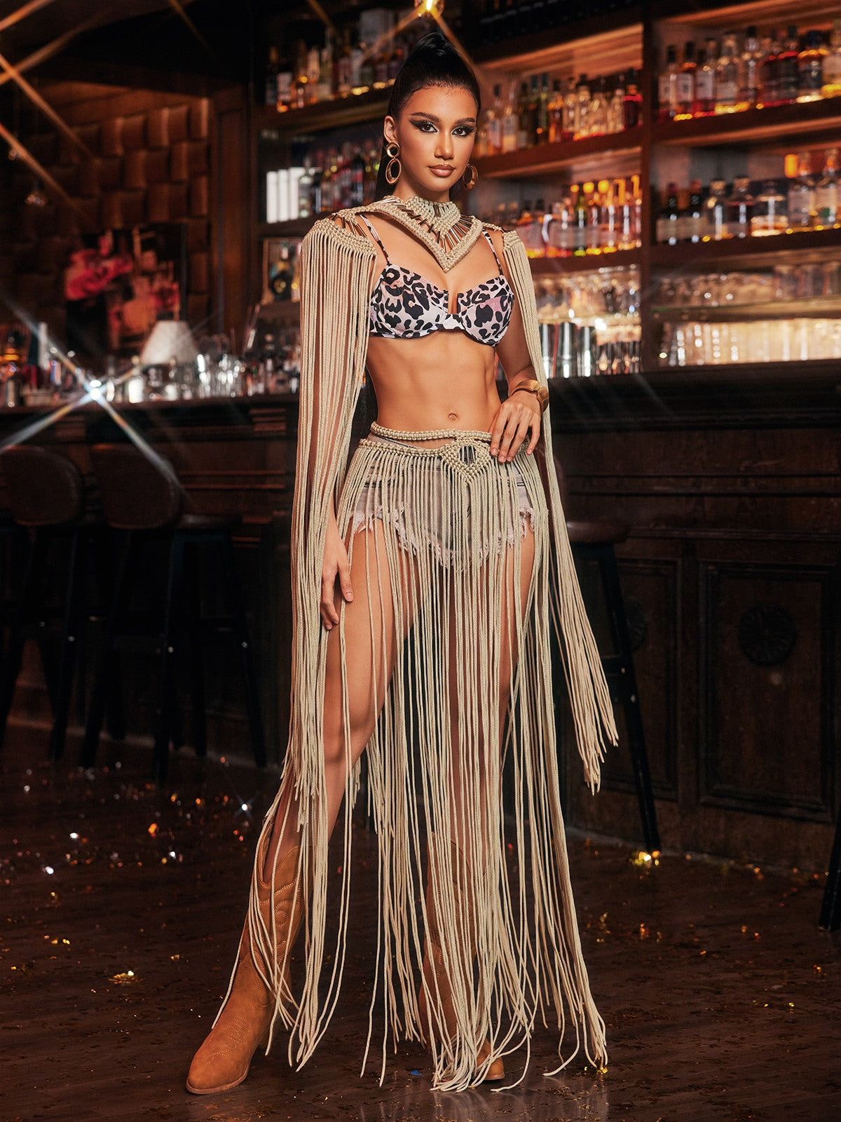 Ixandriel Fringe Knitted Cover Up Skirt Set