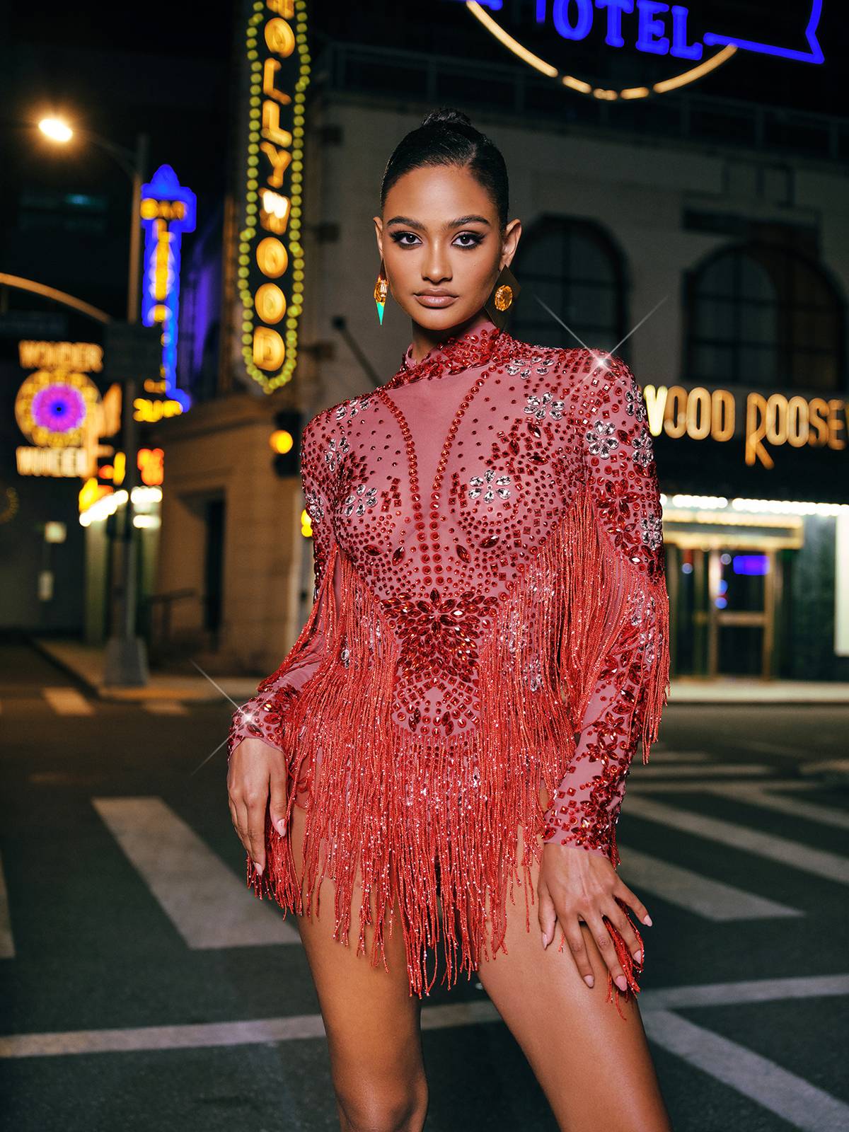 Macsen Rhinestone Fringe Bodysuit