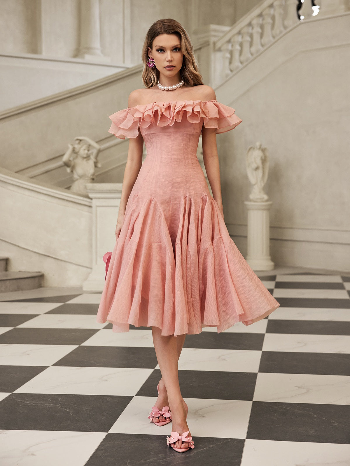 Gaelthar Off Shoulder Ruffle Midi Dress In Blush