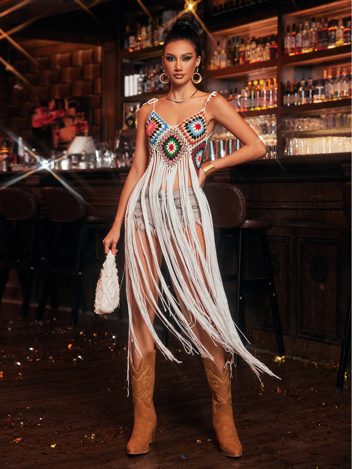 Jyxondra Spaghetti Fringe Knitted Cover Up Dress