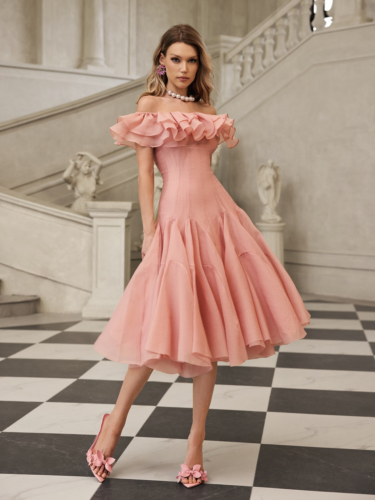 Gaelthar Off Shoulder Ruffle Midi Dress In Blush