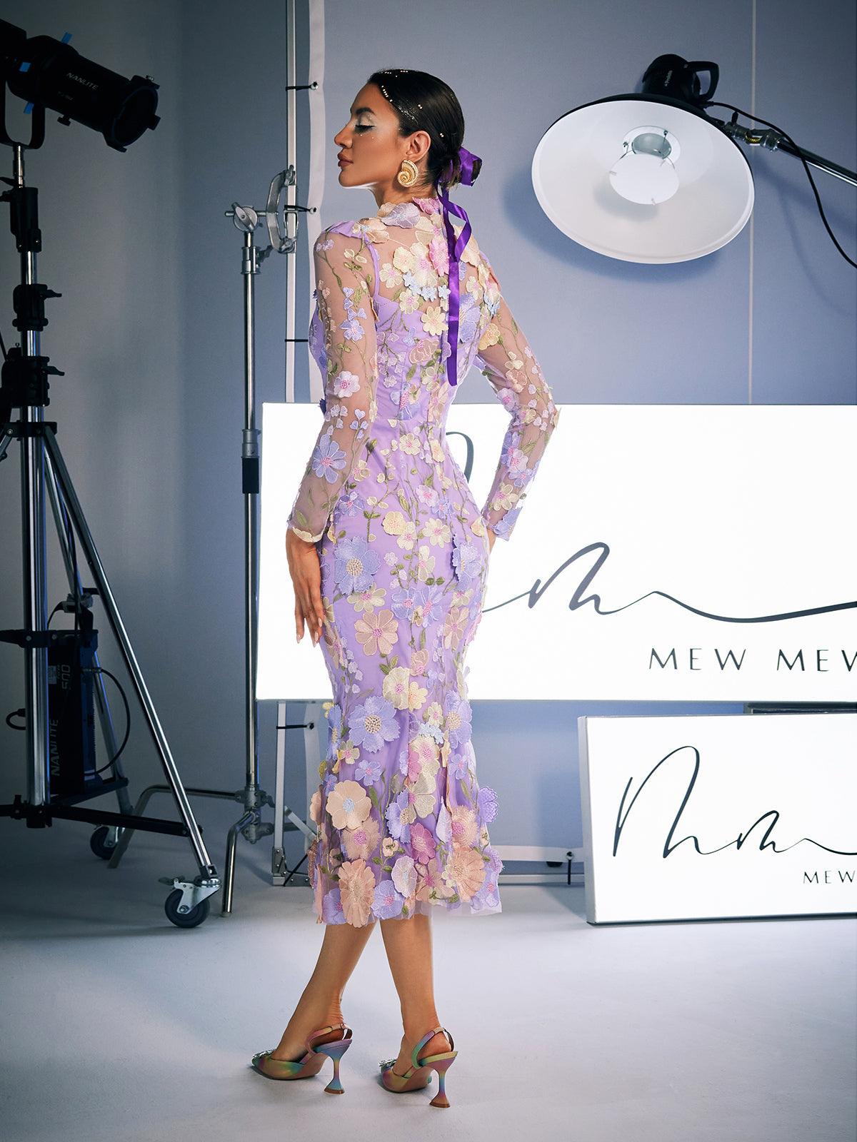 Amara Long Sleeve Embroidered Midi Dress In Purple