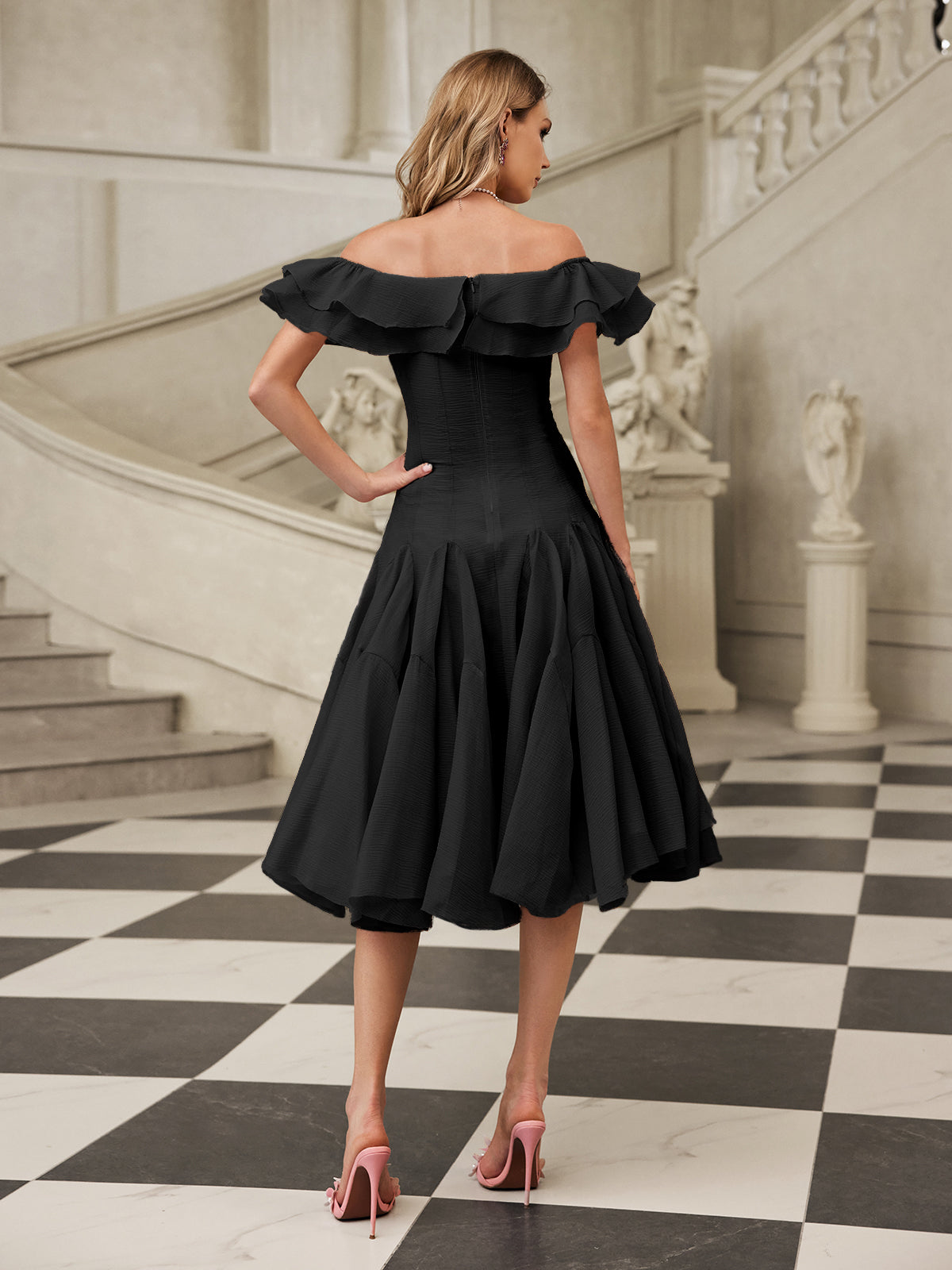 Gaelthar Off Shoulder Ruffle Midi Dress In Black