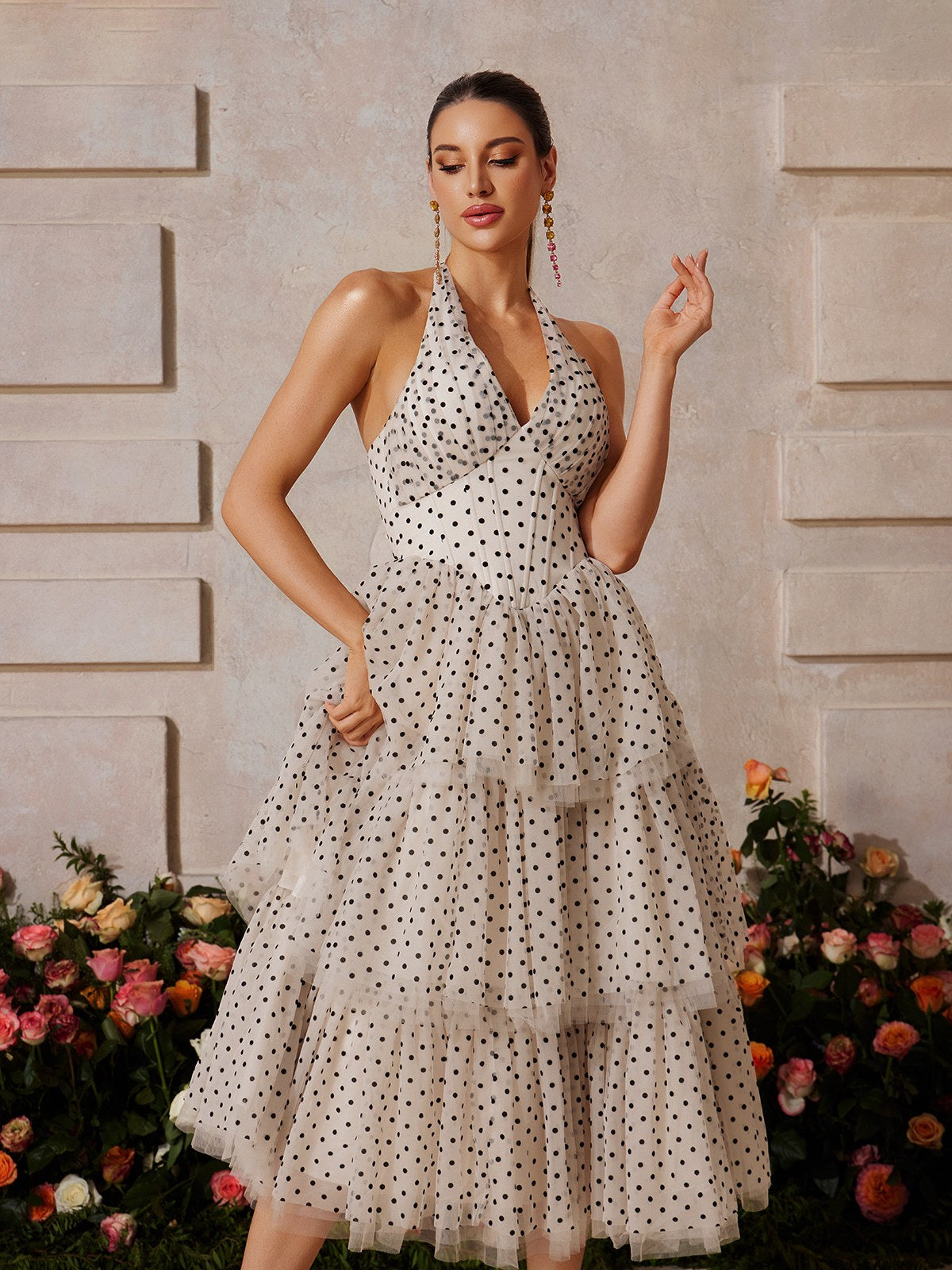 Zalvarya Halterneck Dot Tiered Midi Dress